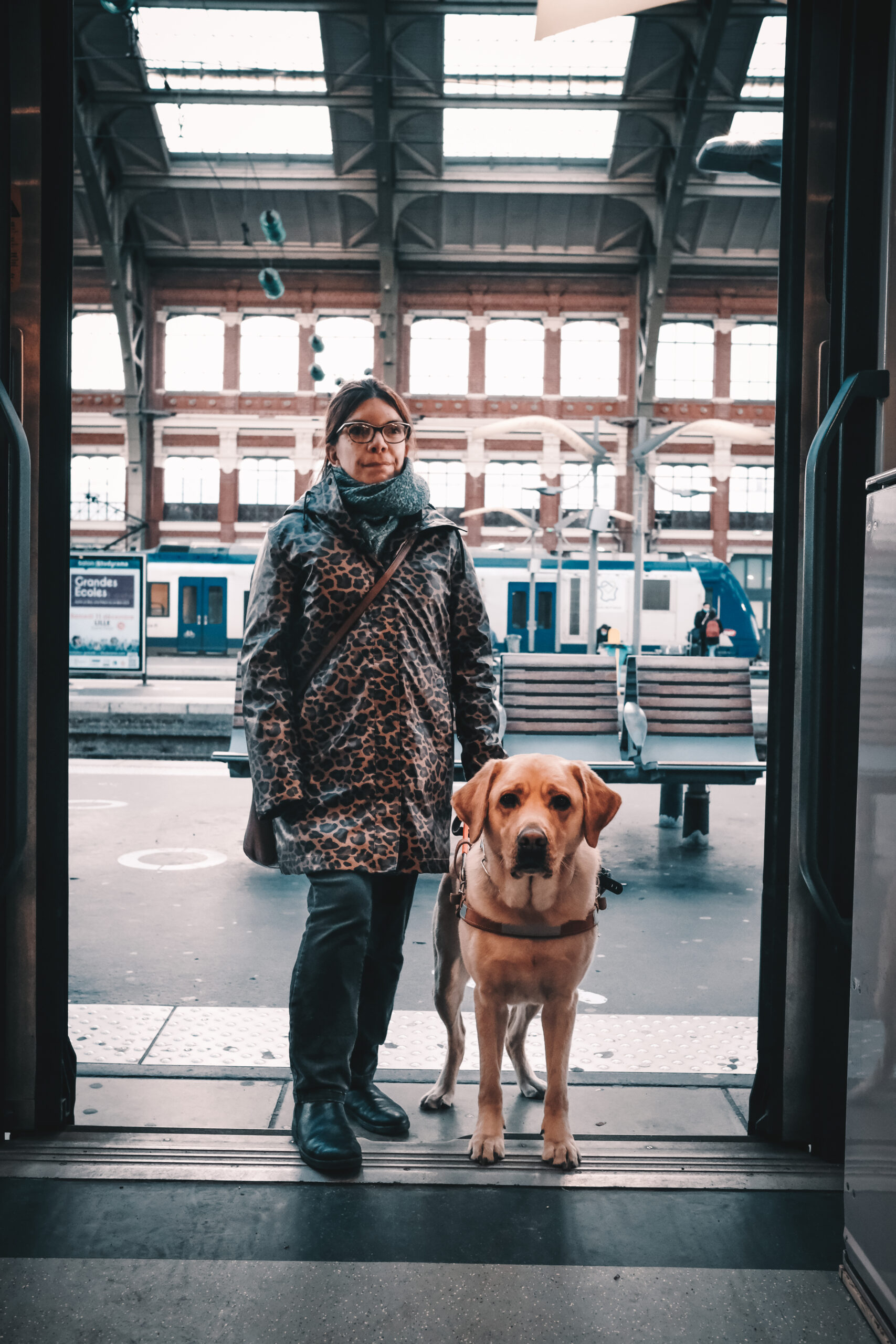 Charlène HONNART aux côtés de son chien Obélix, un jeune labrador mâle couleur sable.